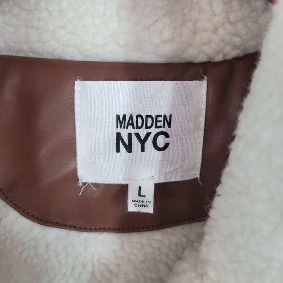 Madden NYC Faux Leather Shearling Large Moto Bomber Jacket Coat Crop Aviator - Picture 6 of 7